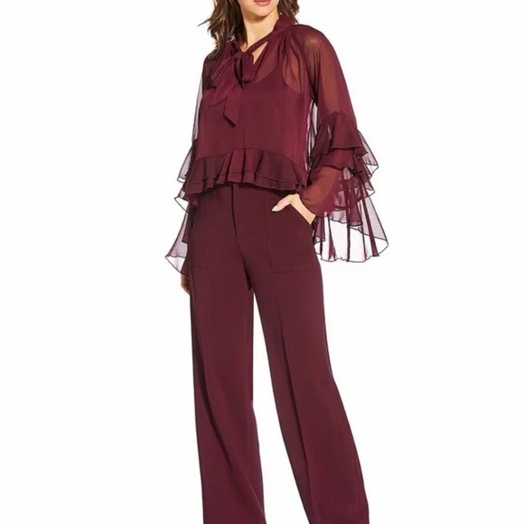 Lucy Paris Burgundy Kyle V-Neck Long Sleeve Chiffon Ruffle Top - Picture 6 of 6